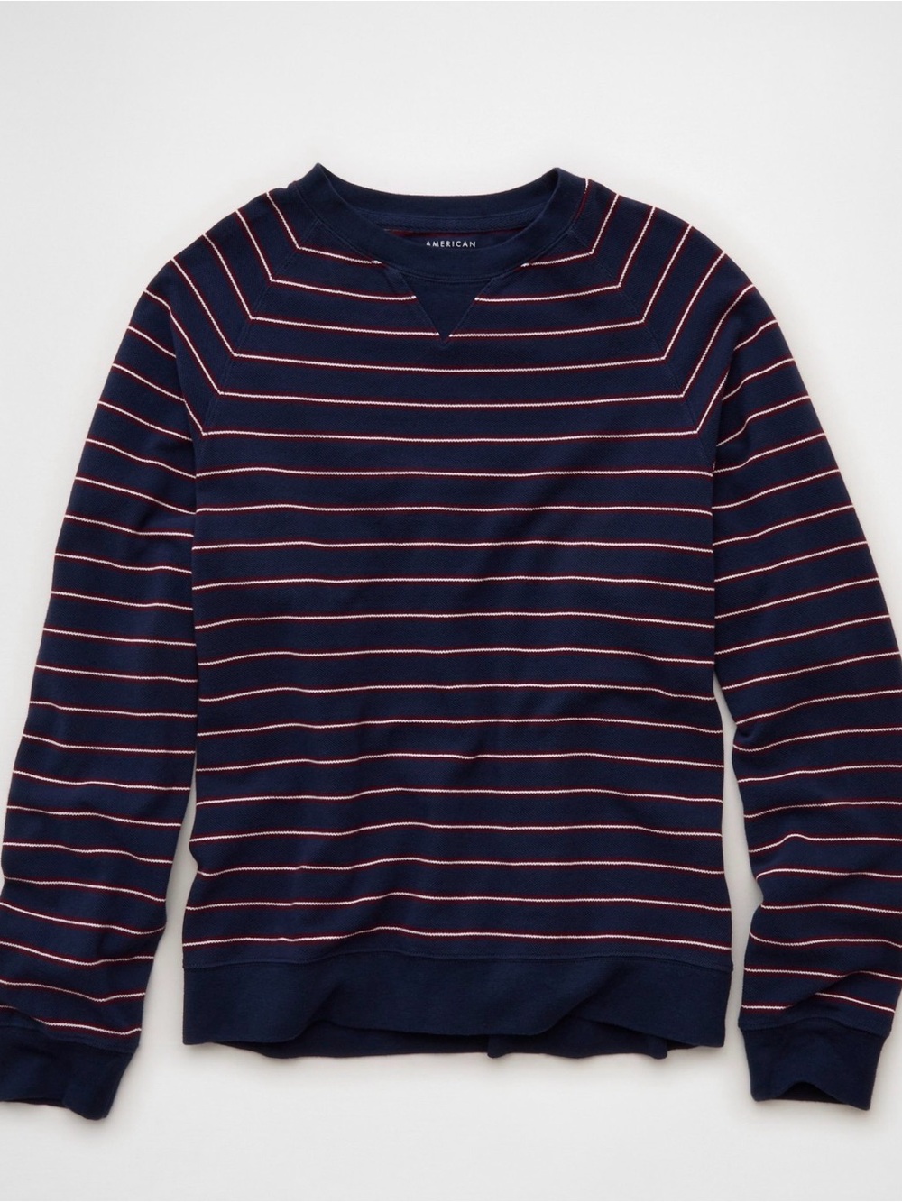 American Eagle Men's Striped Crewneck Long Sleeve Pique Shirt Navy Blue